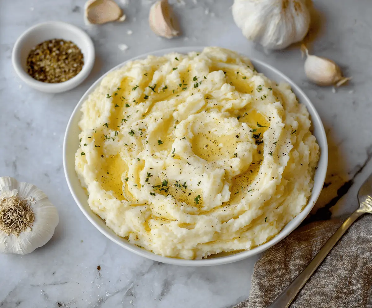 Creamy brown butter garlic mashed potatoes served in a rustic bowl, garnished with fresh herbs.