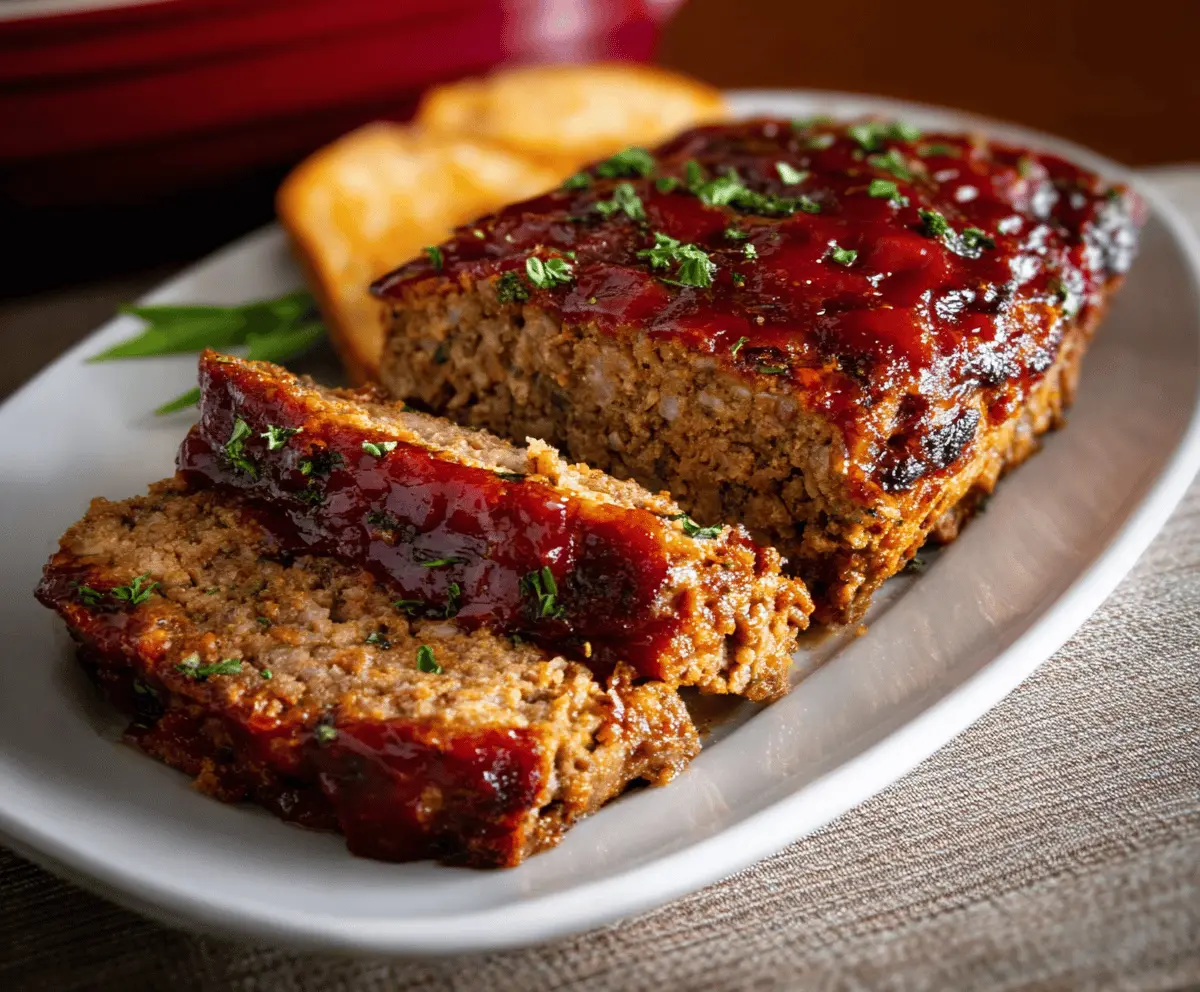 Delicious meatloaf topped with a shiny brown sugar and ketchup glaze, served on a plate with fresh herbs for a flavorful dinner