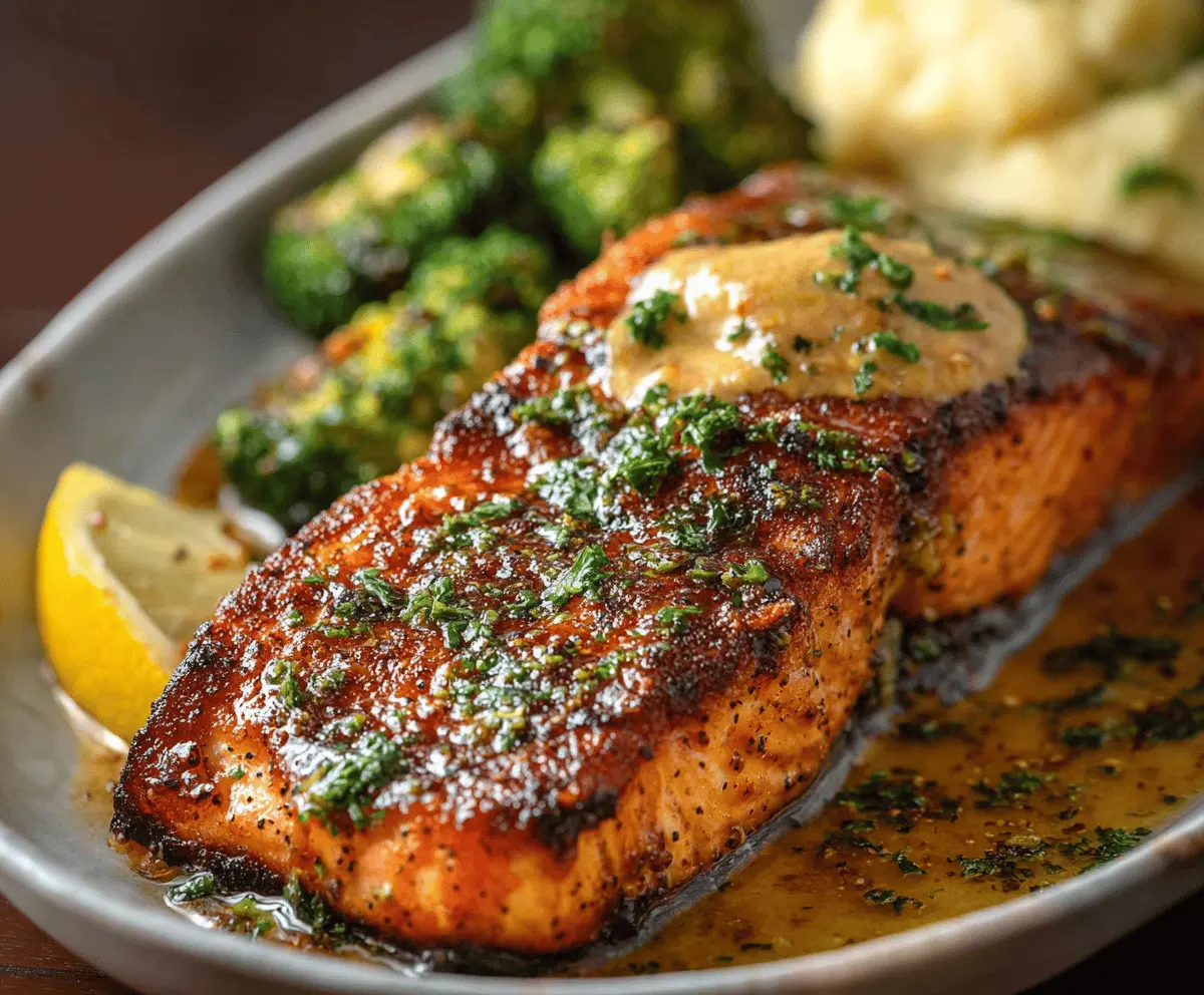 Delicious Cajun Honey Butter Salmon fillet garnished with fresh herbs on a plate, showcasing a flavorful, spicy, and sweet seafood dish.