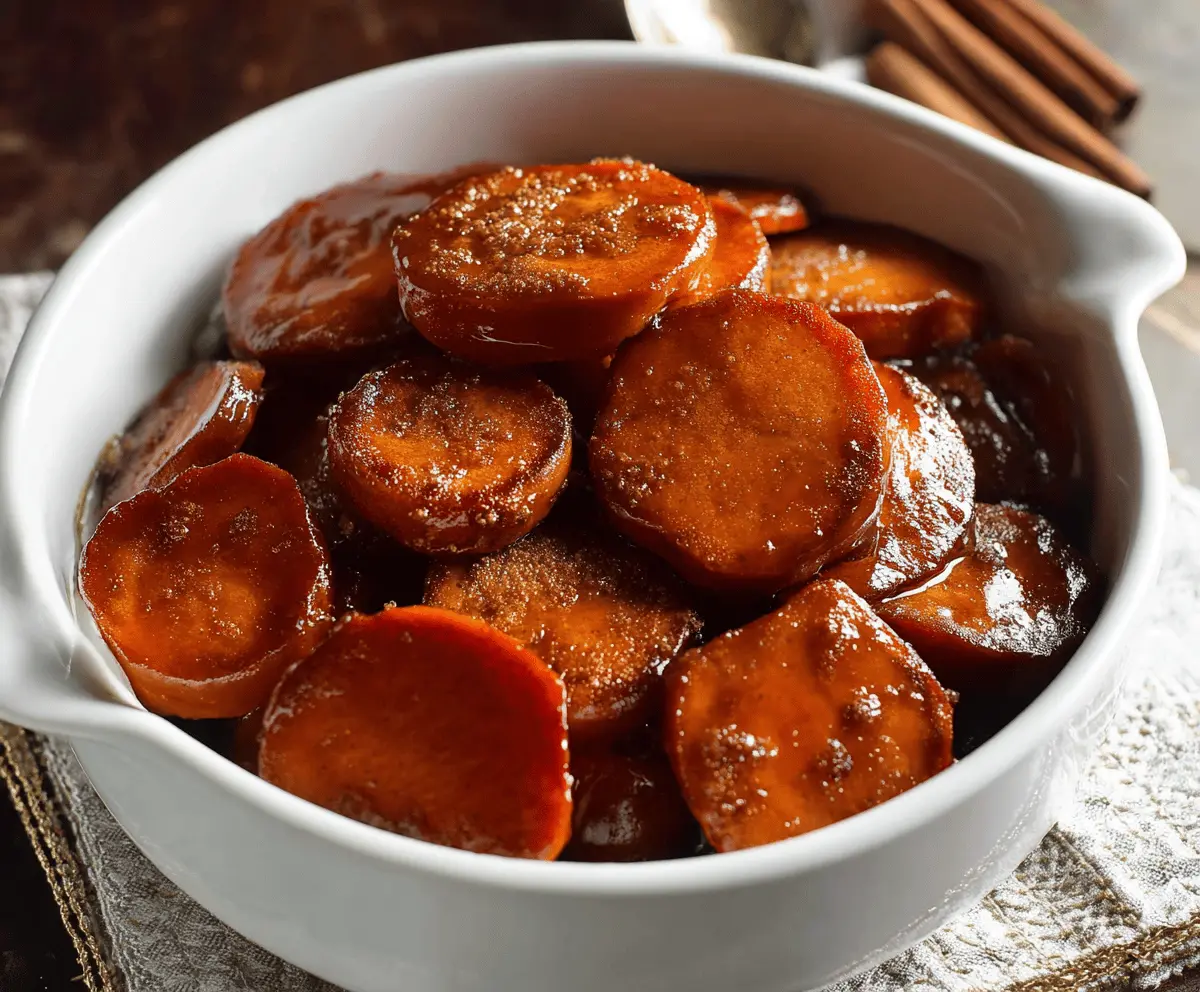 Sweet candied yams garnished with cinnamon and marshmallows on a festive plate.