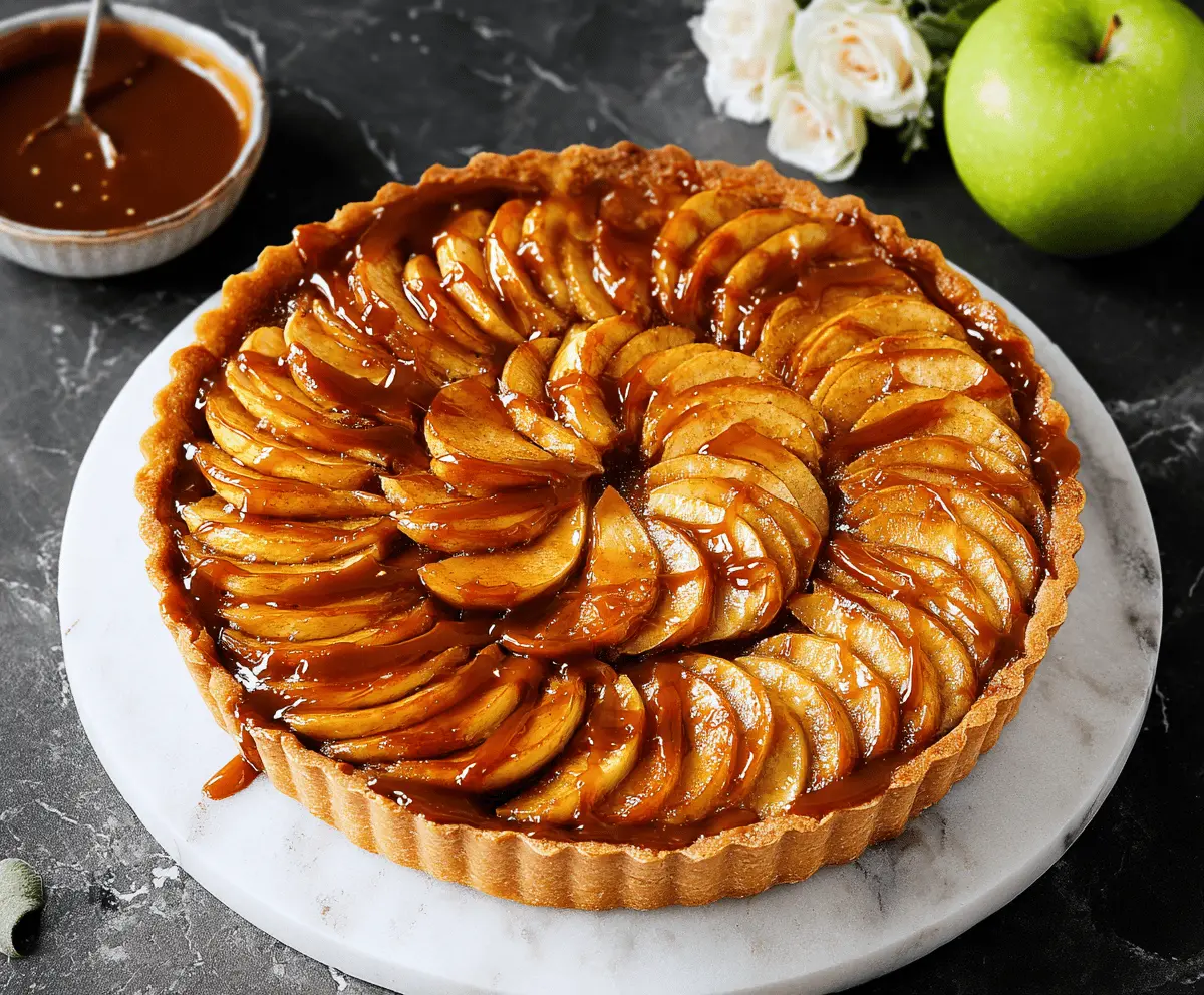 Delicious caramel apple tart topped with sliced apples and a drizzle of caramel sauce, perfect for dessert.