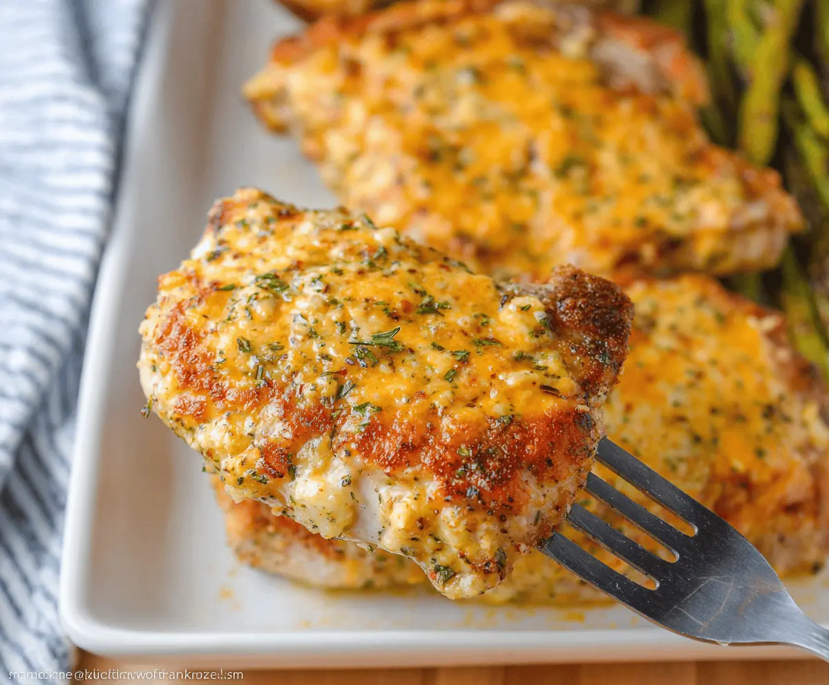 Juicy cheddar ranch pork chops served with fresh herbs and vegetables on a rustic plate, perfect for a flavorful dinner