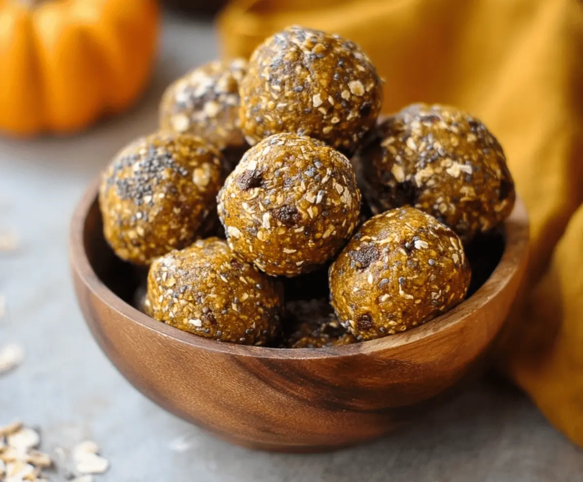 Healthy chia pumpkin protein balls on a white plate, featuring a nutty, textured exterior and a vibrant orange pumpkin filling, perfect for a nutritious snack.