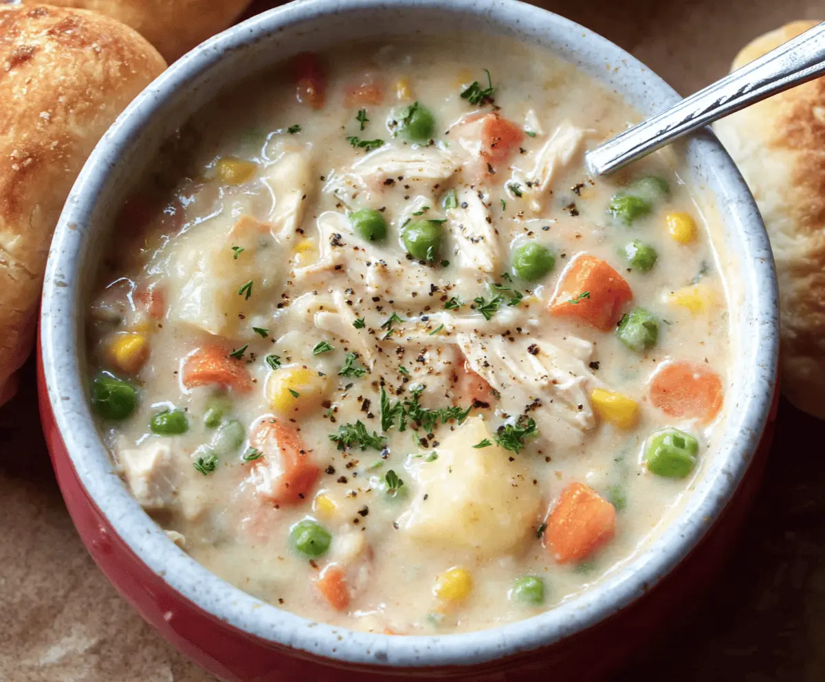 Creamy Chicken Pot Pie Soup in a bowl topped with flaky crust and fresh herbs, perfect for a comforting meal.