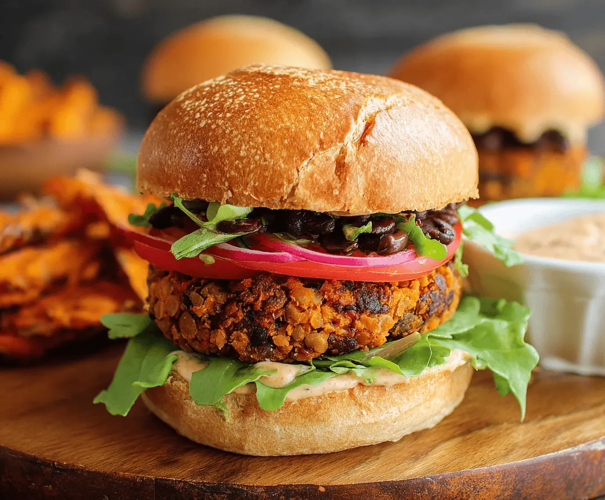 Delicious chipotle black bean sweet potato burger topped with fresh greens and melted cheese on a whole wheat bun, perfect for a spicy vegetarian meal