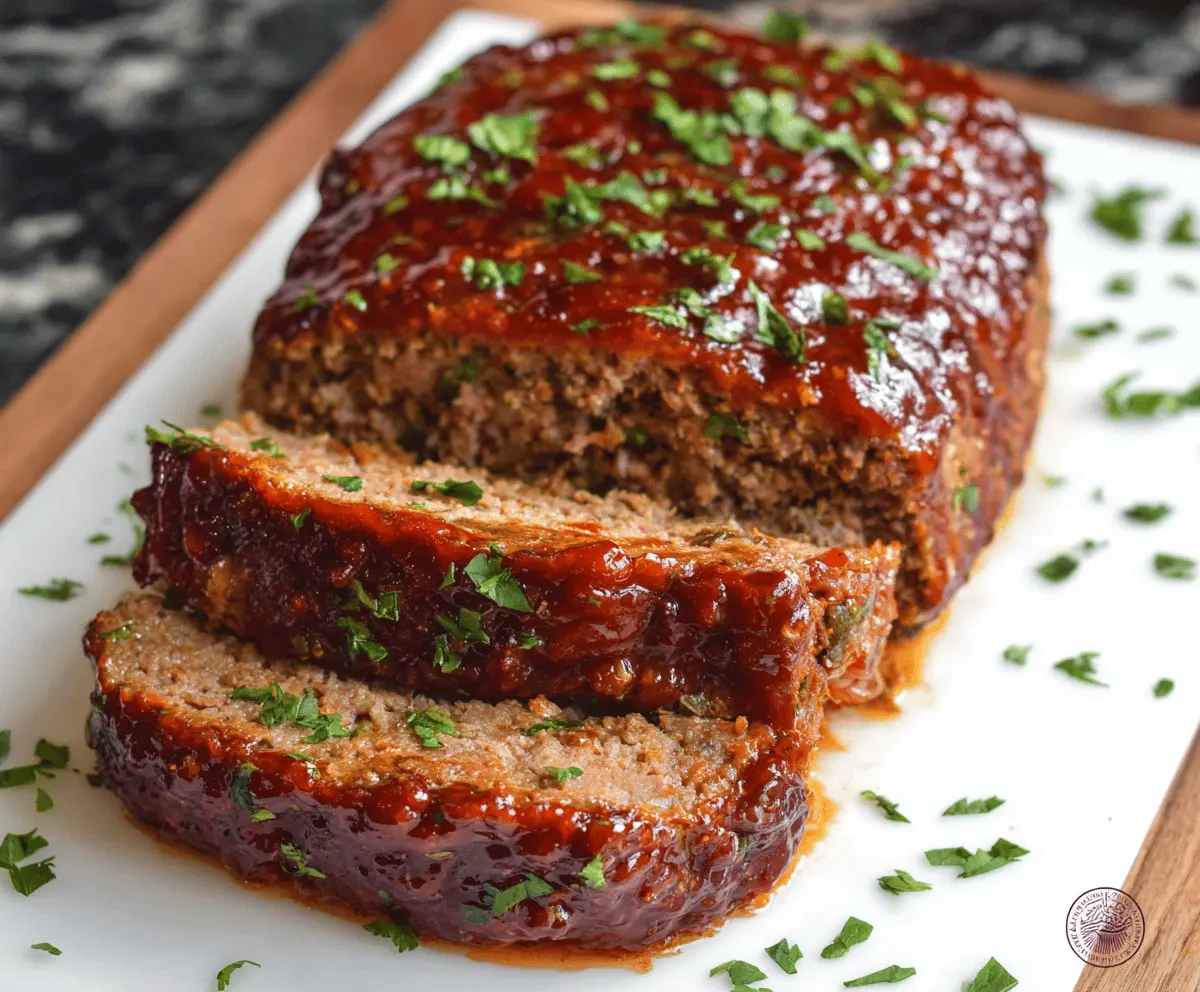 Juicy chipotle meatloaf served with roasted vegetables on a rustic plate, topped with fresh herbs and a smoky glaze