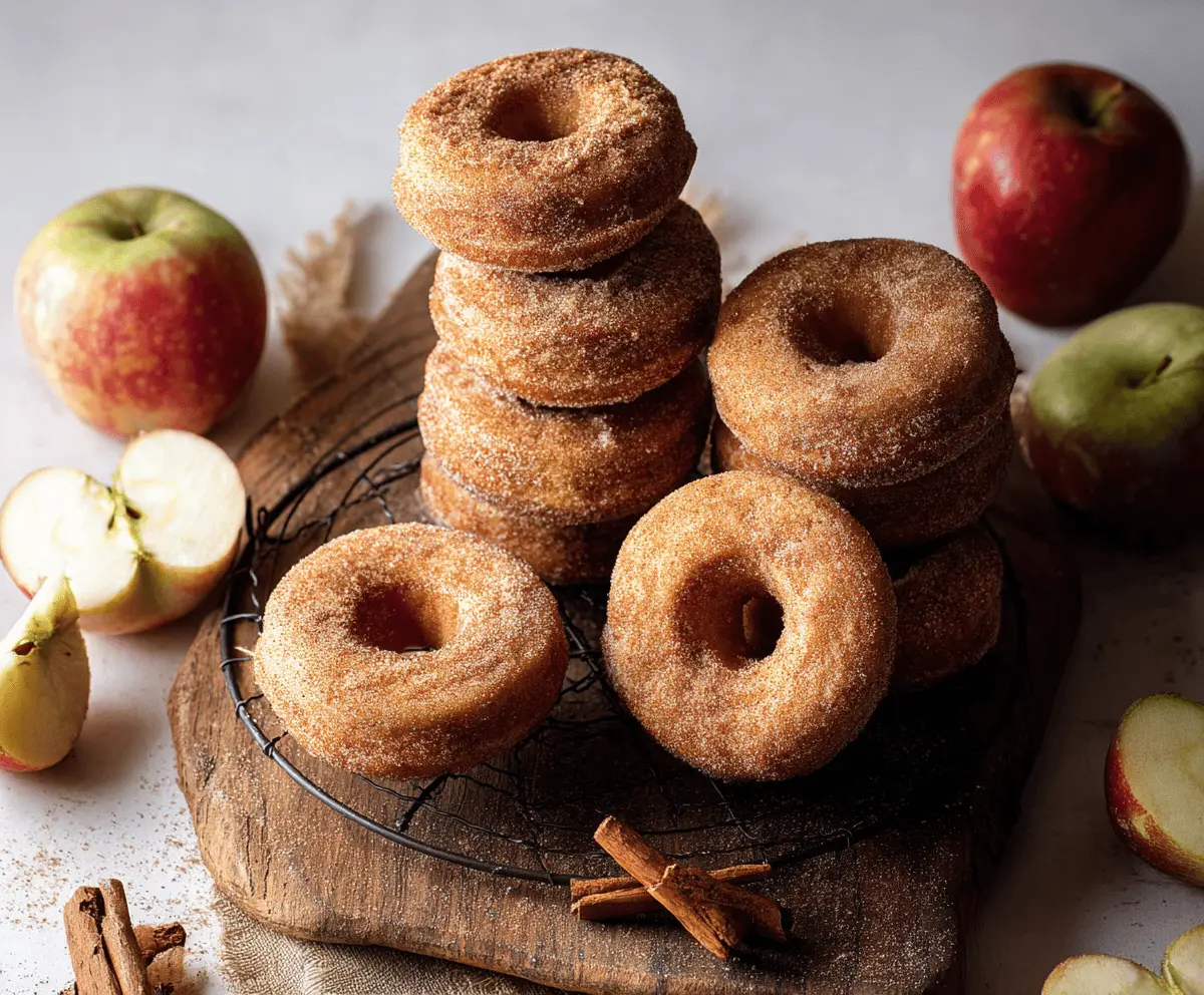 Delicious cinnamon apple donuts topped with cinnamon sugar on a plate