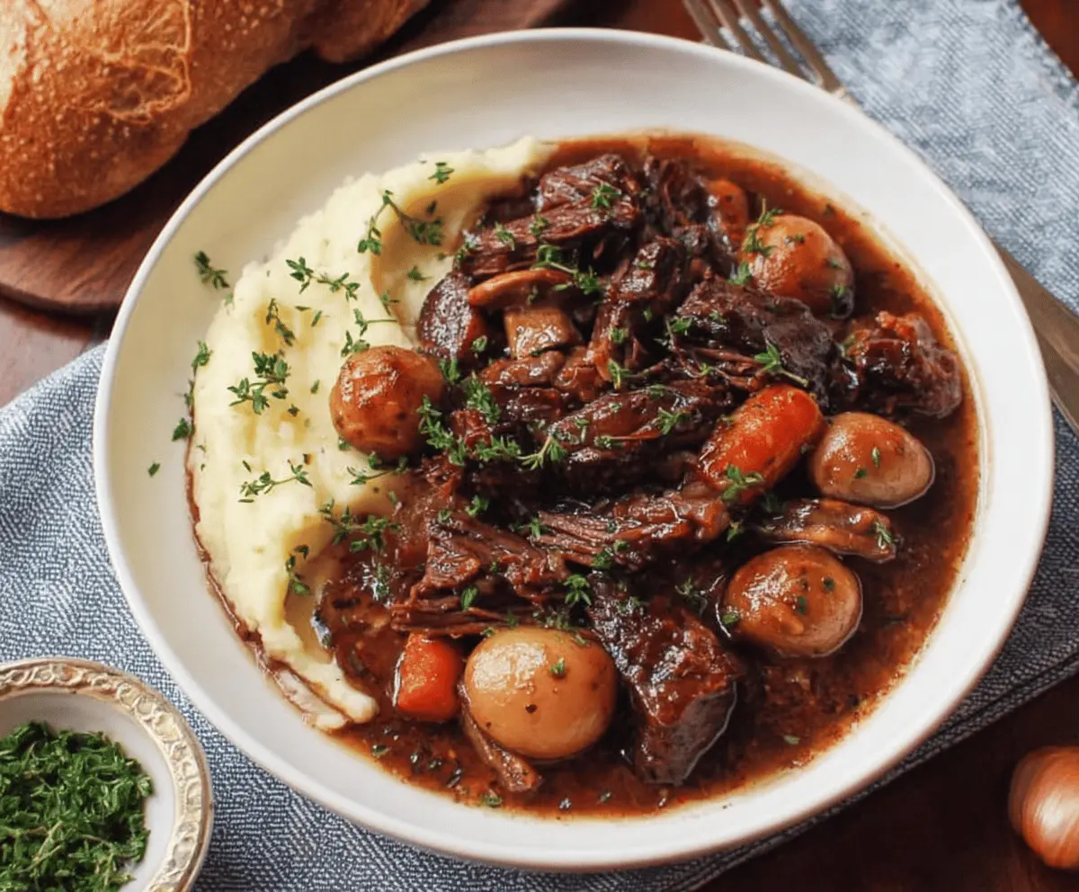 A delicious plate of Classic French Beef Bourguignon featuring tender beef stewed with red wine, mushrooms, onions, and carrots in a rich sauce.