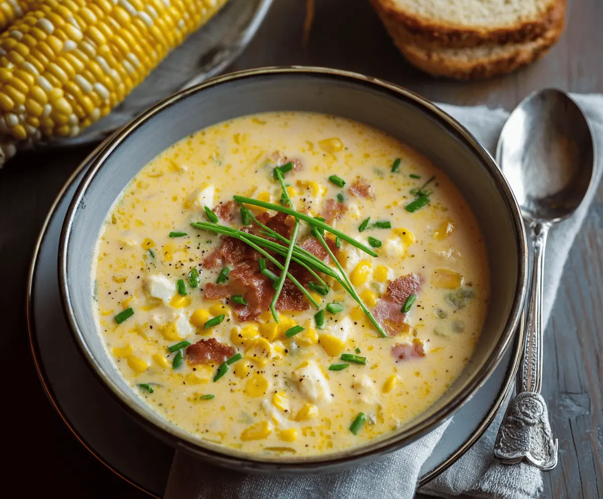 Creamy corn chowder in a bowl garnished with fresh herbs and crispy bacon, served with a slice of bread on a rustic wooden table.