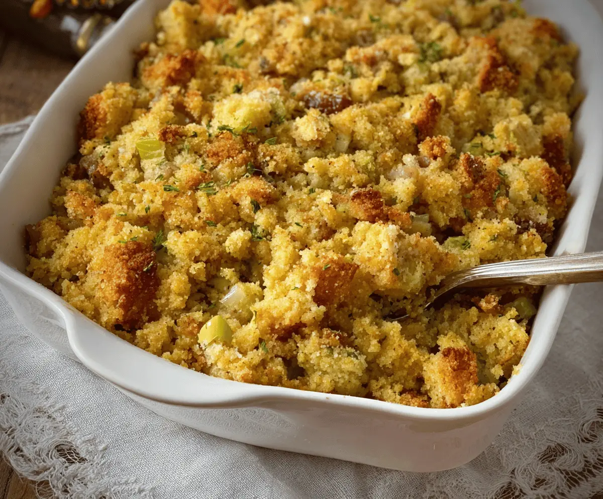 Delicious homemade cornbread dressing served on a festive holiday table