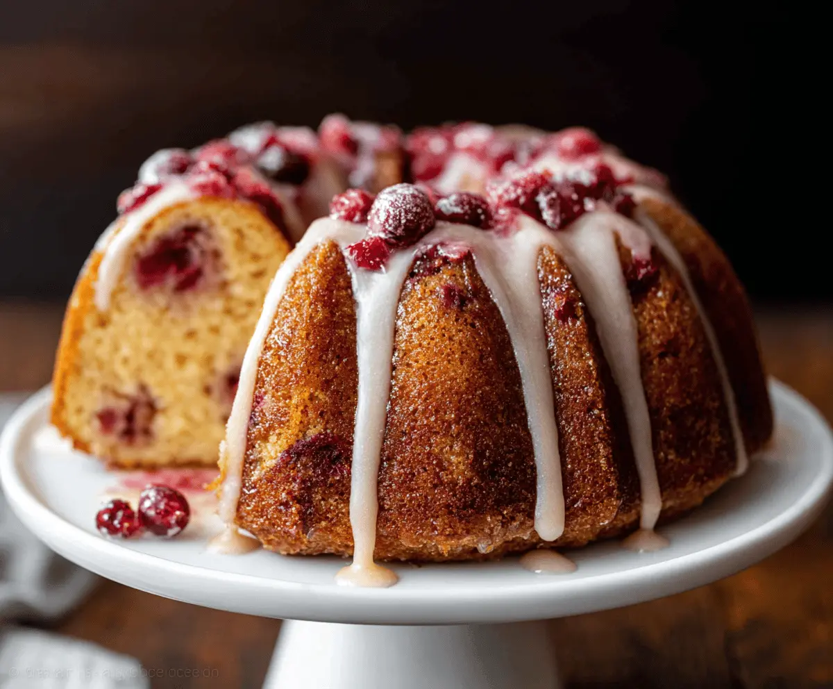 Delicious cranberry Bundt cake topped with fresh cranberries and powdered sugar on a decorative plate, perfect for holiday desserts.