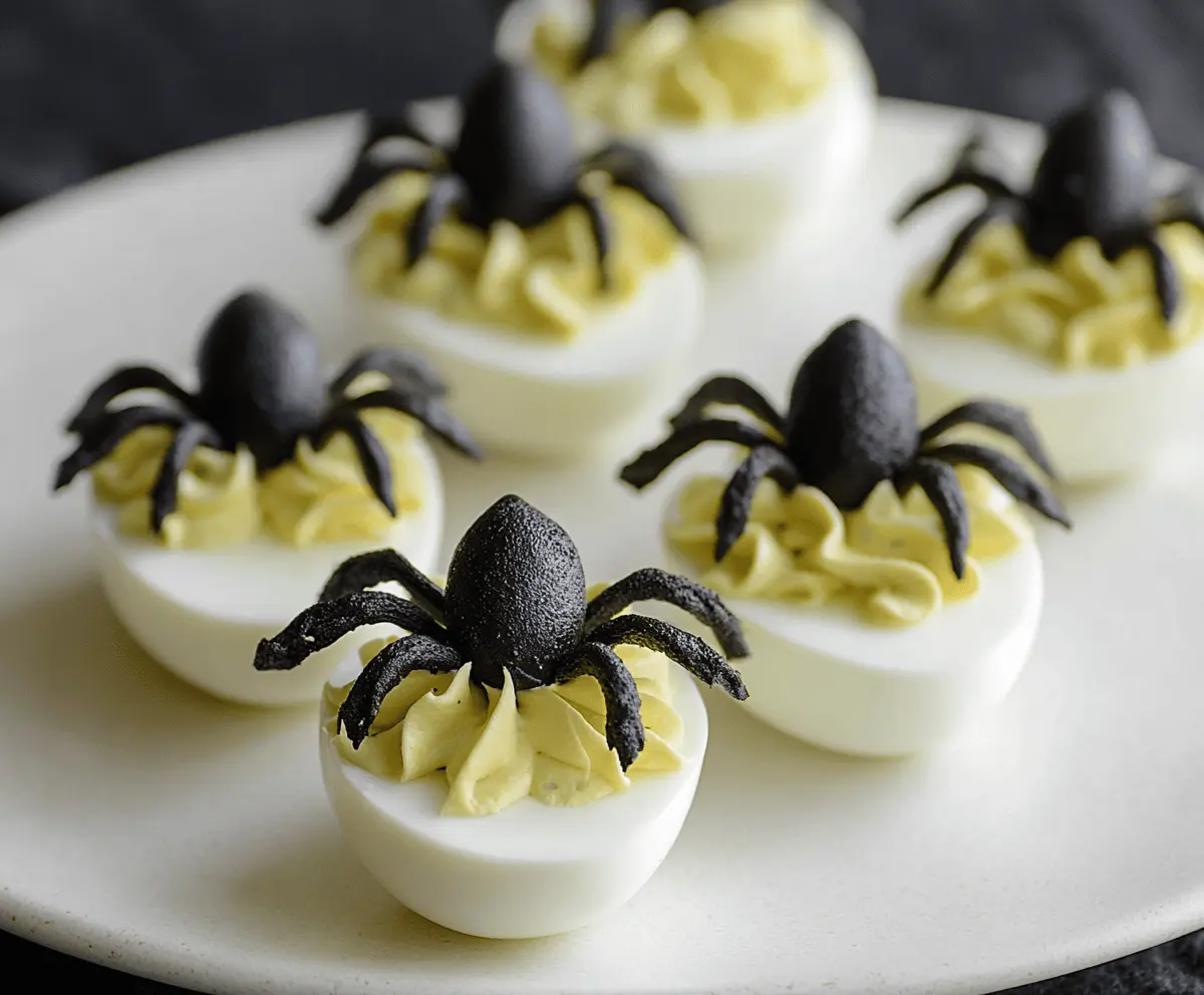 Decorative Crawly Spider Deviled Eggs with black olive spider toppings for Halloween-themed appetizer