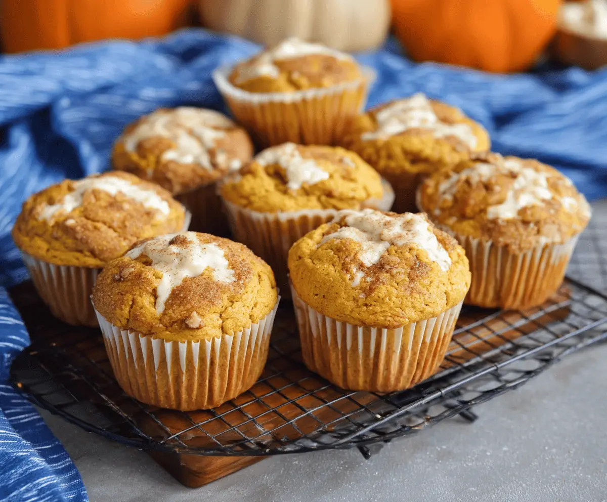 Delicious homemade Cream Cheese Pumpkin Spice Muffins topped with cinnamon and glaze, perfect for fall breakfast or snack.