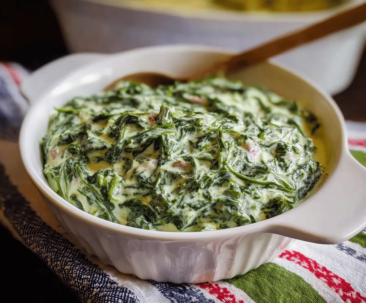 Creamed spinach dish served in a white bowl, featuring creamy, tender spinach topped with grated cheese and a sprinkle of nutmeg, perfect for a savory side meal.