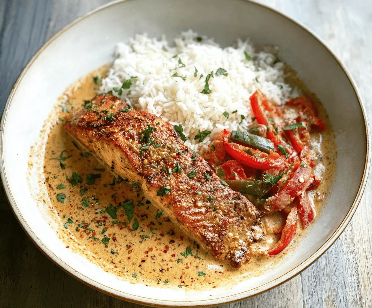 Creamy Cajun Pepper Salmon fillet topped with fresh herbs on a white plate, served with lemon wedges and colorful vegetables, highlighting a flavorful and spicy seafood dish.