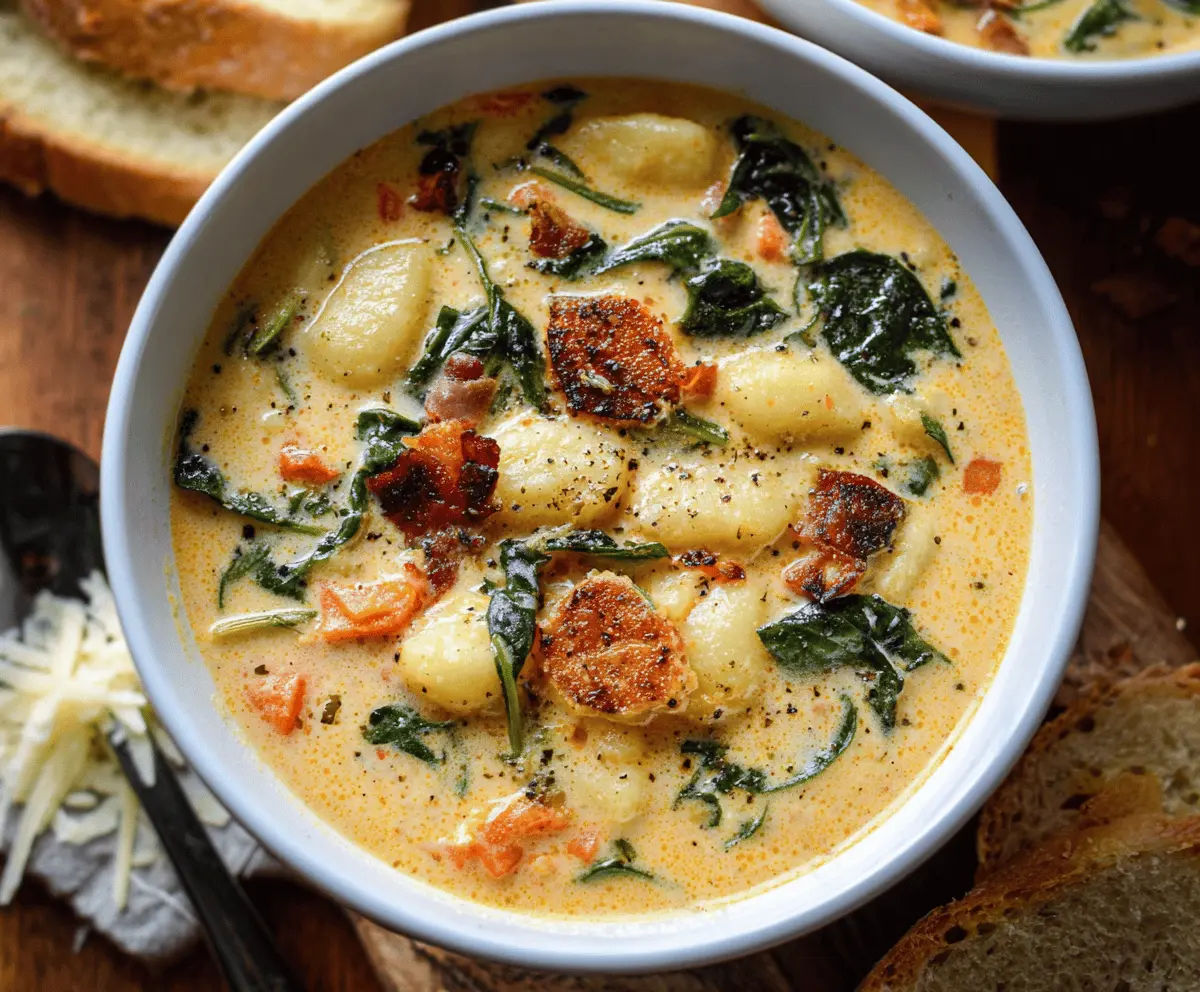 Creamy Gnocchi Soup served in a bowl with fresh herbs and crusty bread on the side, highlighting a comforting and hearty meal