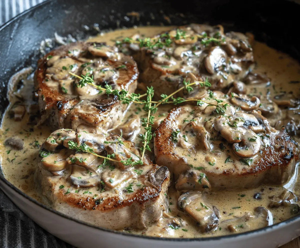 Delicious creamy mushroom pork chops served on a plate with sauce and garnished with herbs