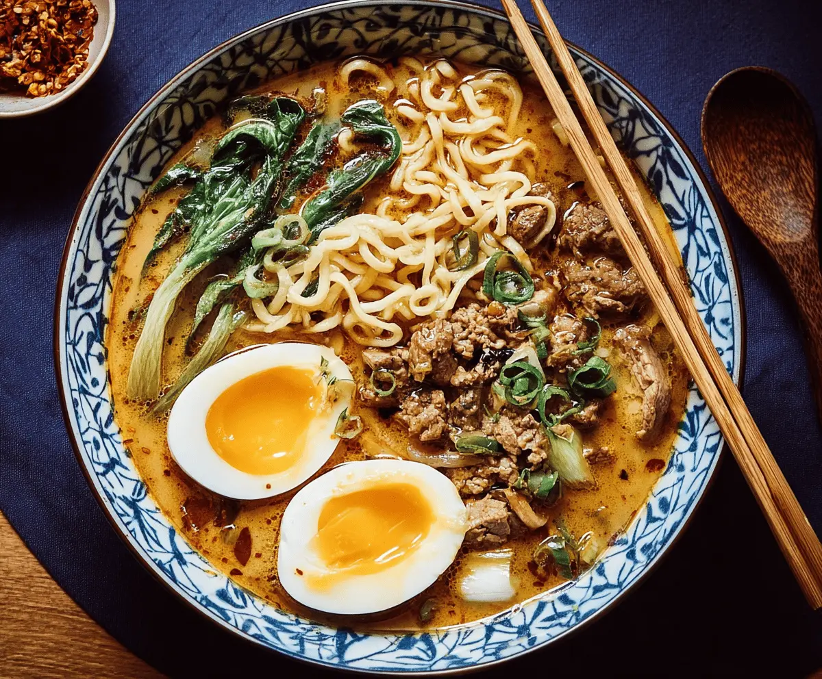 A steaming bowl of spicy Curry Ramen Soup with noodles, vegetables, and sliced meat, garnished with green onions and herbs on a rustic wooden table.
