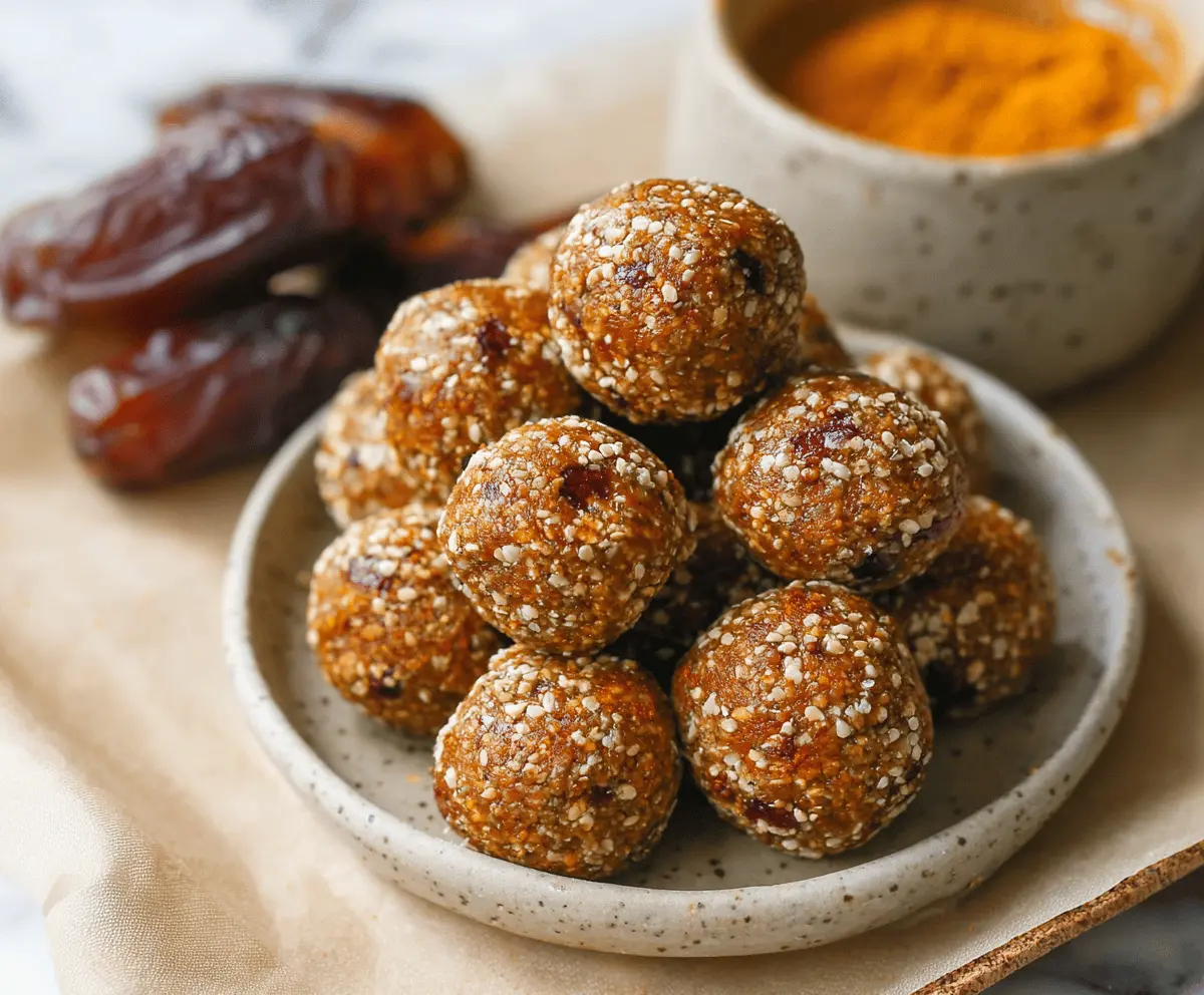 Healthy Date-Sweetened Pumpkin Protein Balls with oats, pumpkin puree, and chia seeds on a white plate