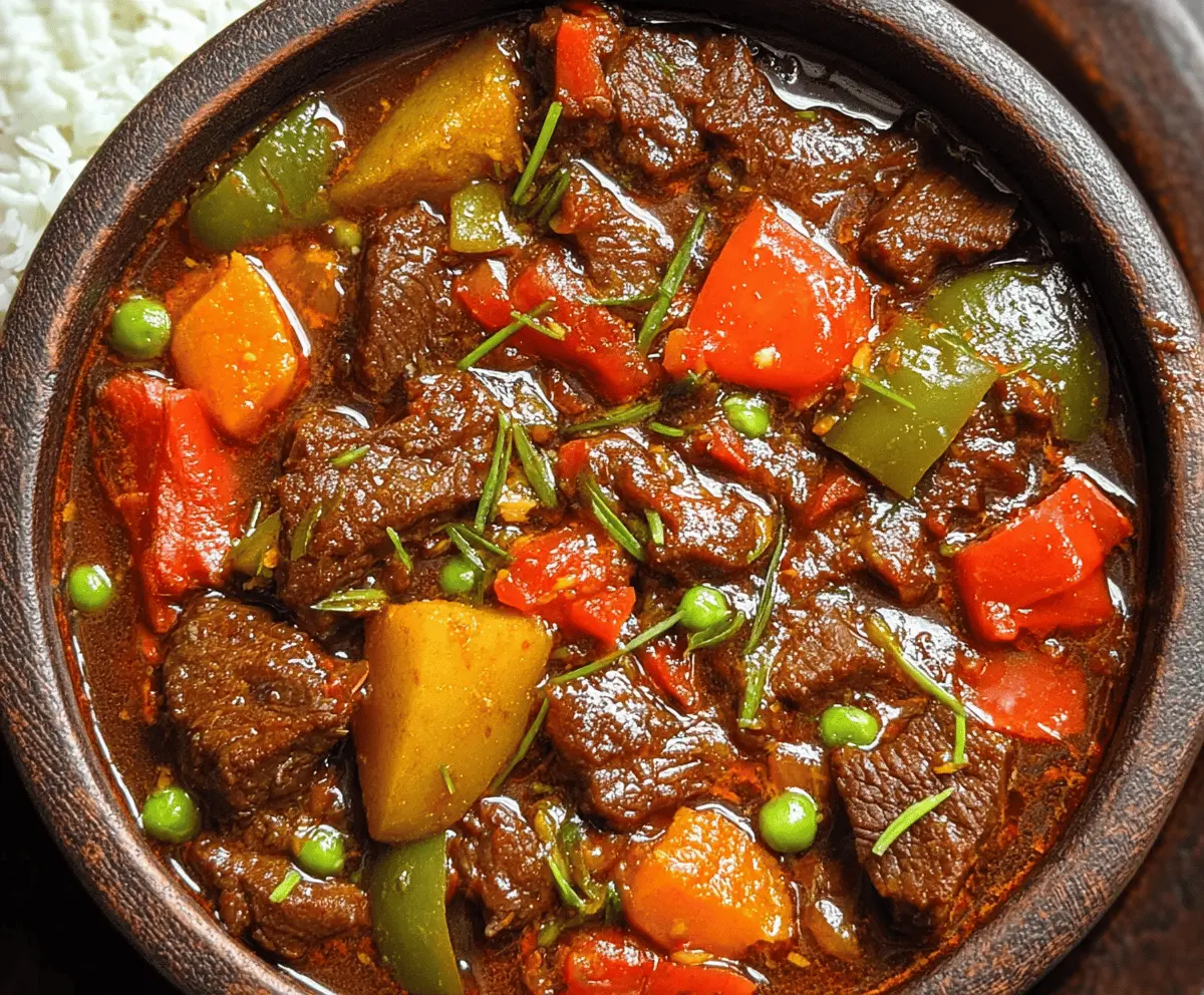 Delicious Filipino Beef Caldereta served with rice, featuring tender beef, vegetables, and savory sauce
