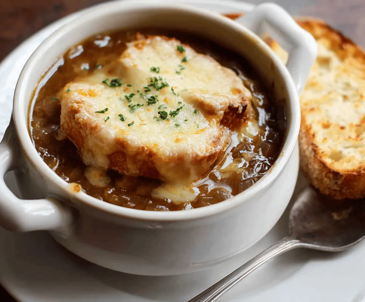 Delicious French Onion Soup topped with melted cheese and toasted bread in a rustic bowl.