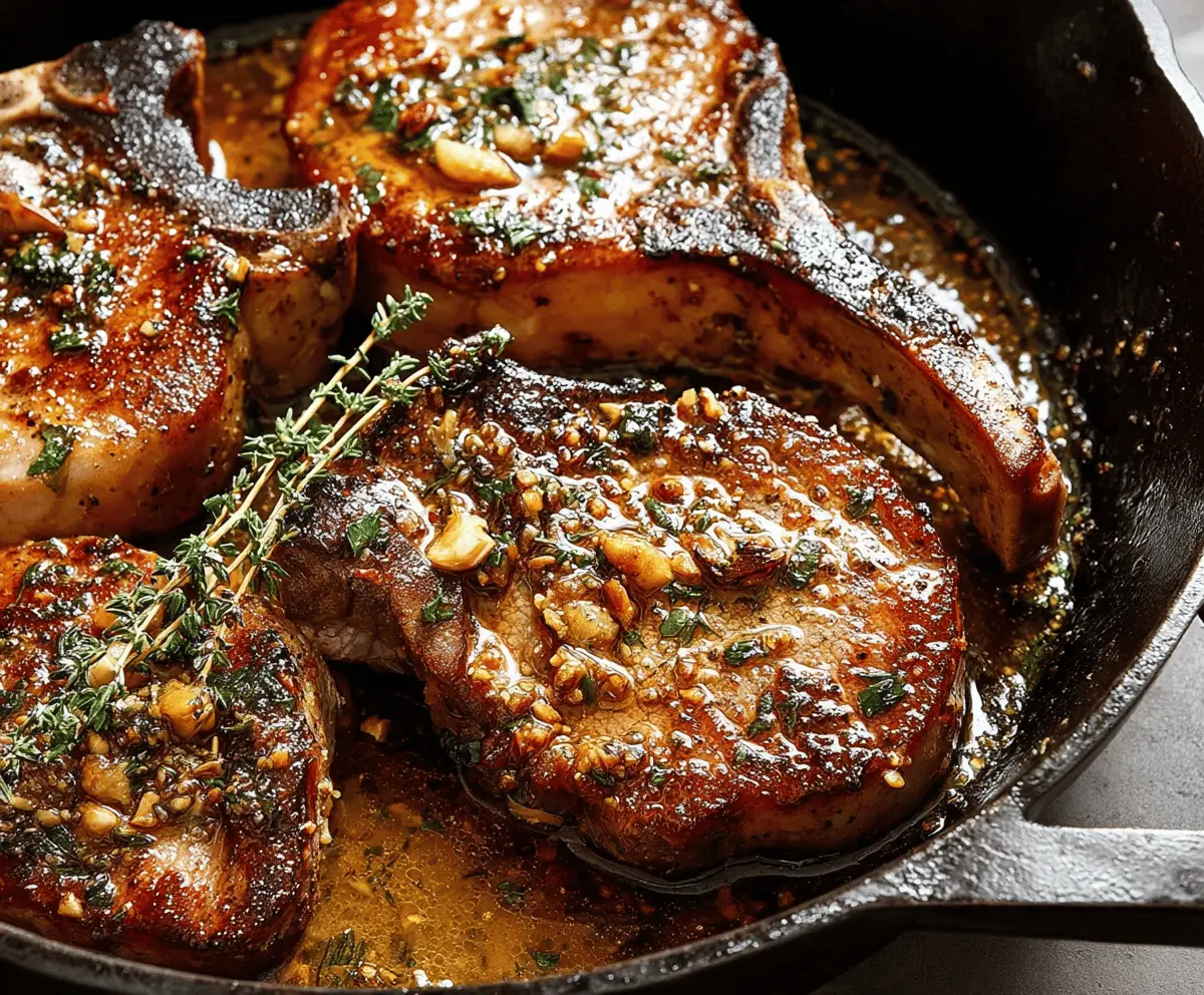 Juicy garlic butter pork chops garnished with fresh herbs served on a white plate, perfect for a flavorful dinner