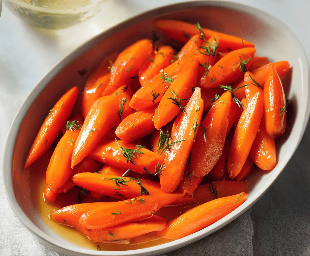 Delicious glazed carrots garnished with fresh herbs on a rustic plate