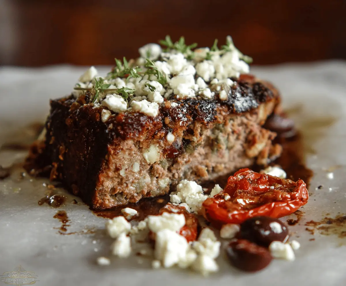Delicious homemade Greek meatloaf garnished with fresh herbs on a rustic plate, ready to serve