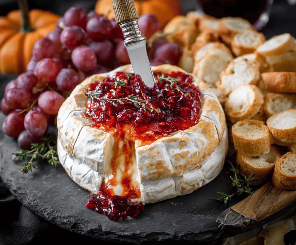 Spooky Halloween Bloody Baked Brie topped with red sauce and creepy decorations for a festive appetizer display.