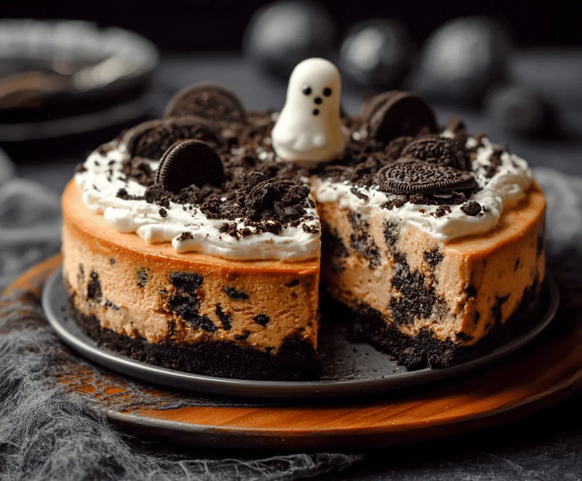 Delicious Halloween Cookies and Cream Cheesecake topped with spooky decorations and cookie crumbles on a festive plate