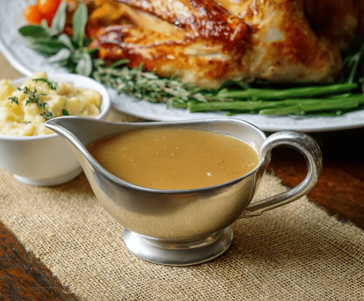 Creamy homestyle turkey gravy served in a white gravy boat with fresh herbs, perfect for pouring over roast turkey and mashed potatoes.