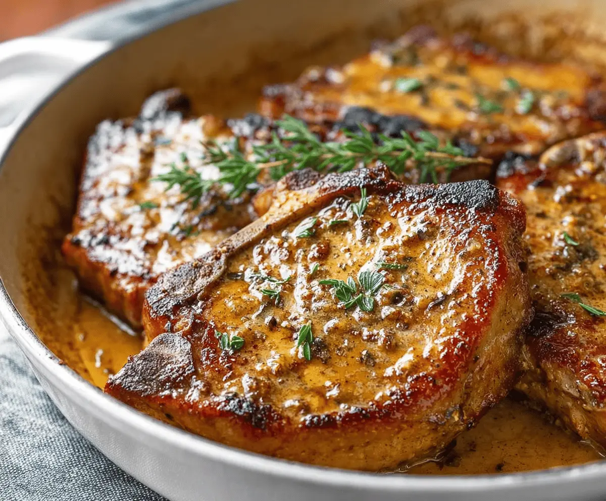 Juicy pork chops glazed with honey mustard sauce on a plate.
