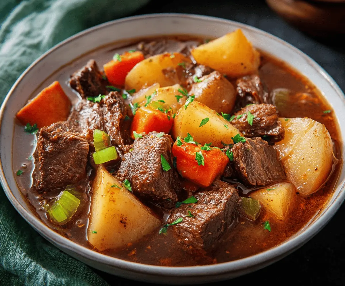 Hearty Irish Beef Stew with tender beef chunks, carrots, potatoes, and fresh herbs in a savory broth served in a rustic bowl.