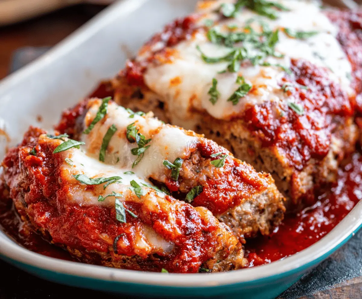 Delicious homemade Italian meatloaf glazed with tomato sauce and herbs on a serving platter.