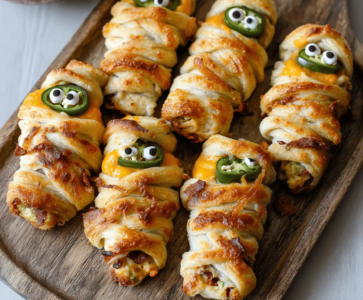 Delicious Jalapeño Popper Mummies topped with crispy bacon and melted cheese, perfect for spooky snacks and parties