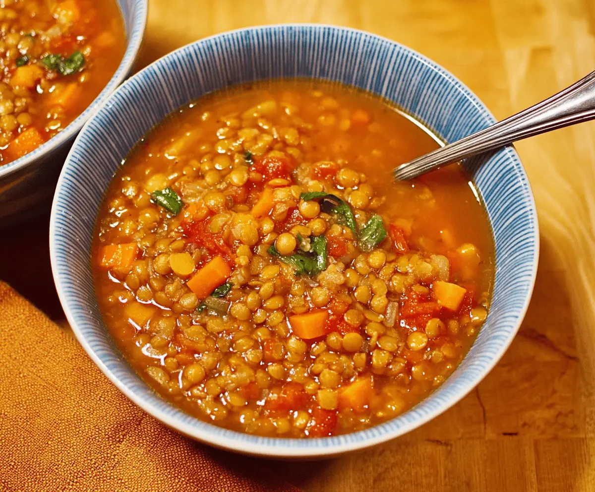 A bowl of hearty lentil soup garnished with fresh herbs, served with a slice of bread on a rustic wooden table.