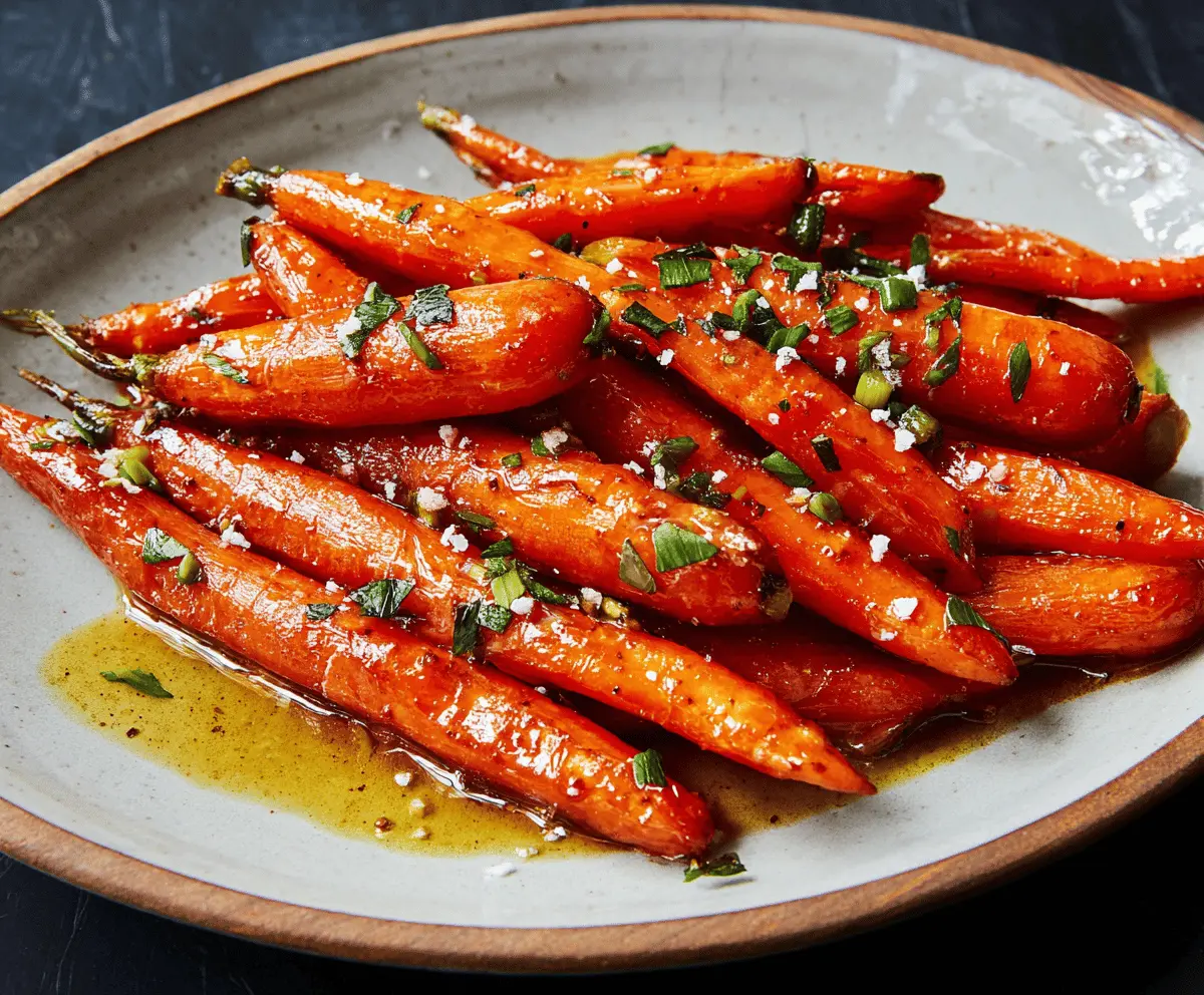 A bowl of vibrant glazed carrots topped with a glossy maple syrup glaze, garnished with fresh herbs, ready to serve as a delicious Maple Glazed Carrots side dish.