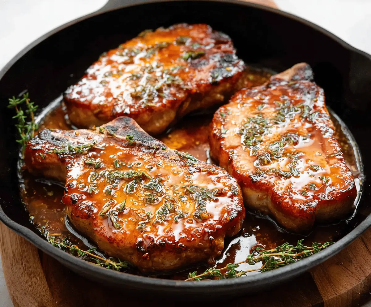 Juicy maple glazed pork chops served with roasted vegetables on a white plate, showcasing a deliciously caramelized exterior and tender interior.