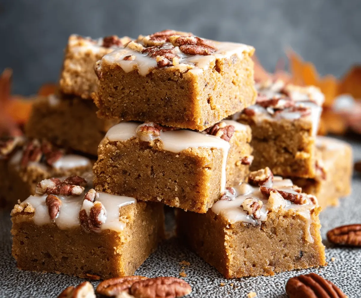 Delicious homemade Maple Pecan Blondies topped with toasted pecans and a caramel drizzle, perfect for a sweet dessert treat.