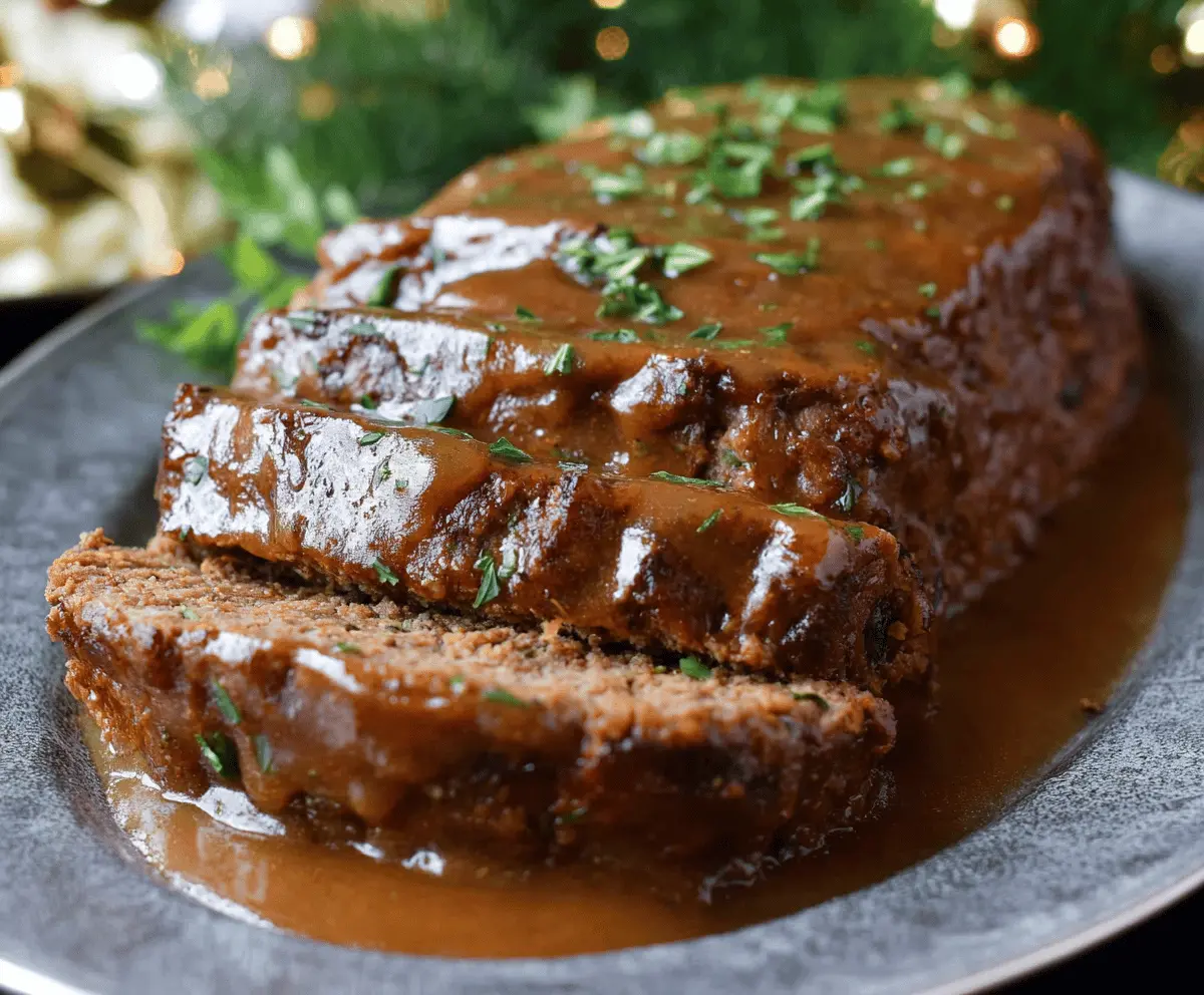 Delicious homemade meatloaf topped with rich brown gravy, served on a plate with mashed potatoes and fresh vegetables
