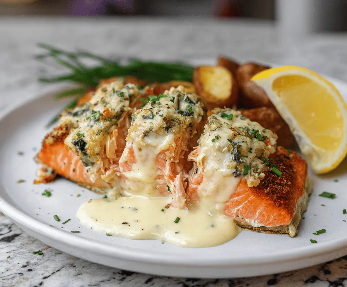 Delicious crab-stuffed salmon fillet topped with herbs, showcasing a melt-in-your-mouth seafood recipe for a gourmet meal