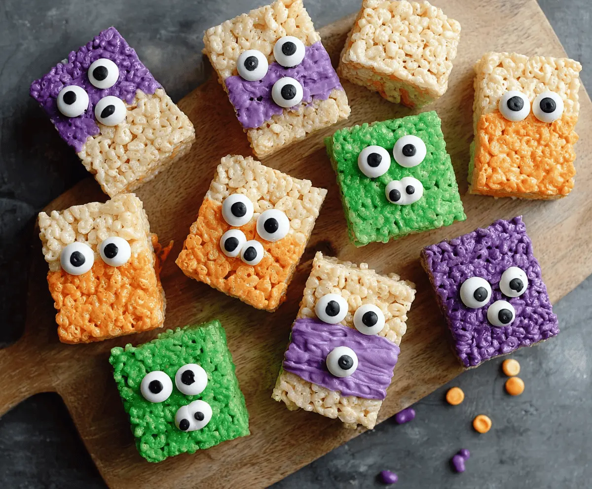 Colorful Monster Rice Krispie Treats with green and purple icing, topped with candy eyes, perfect for kids' parties and Halloween celebrations.