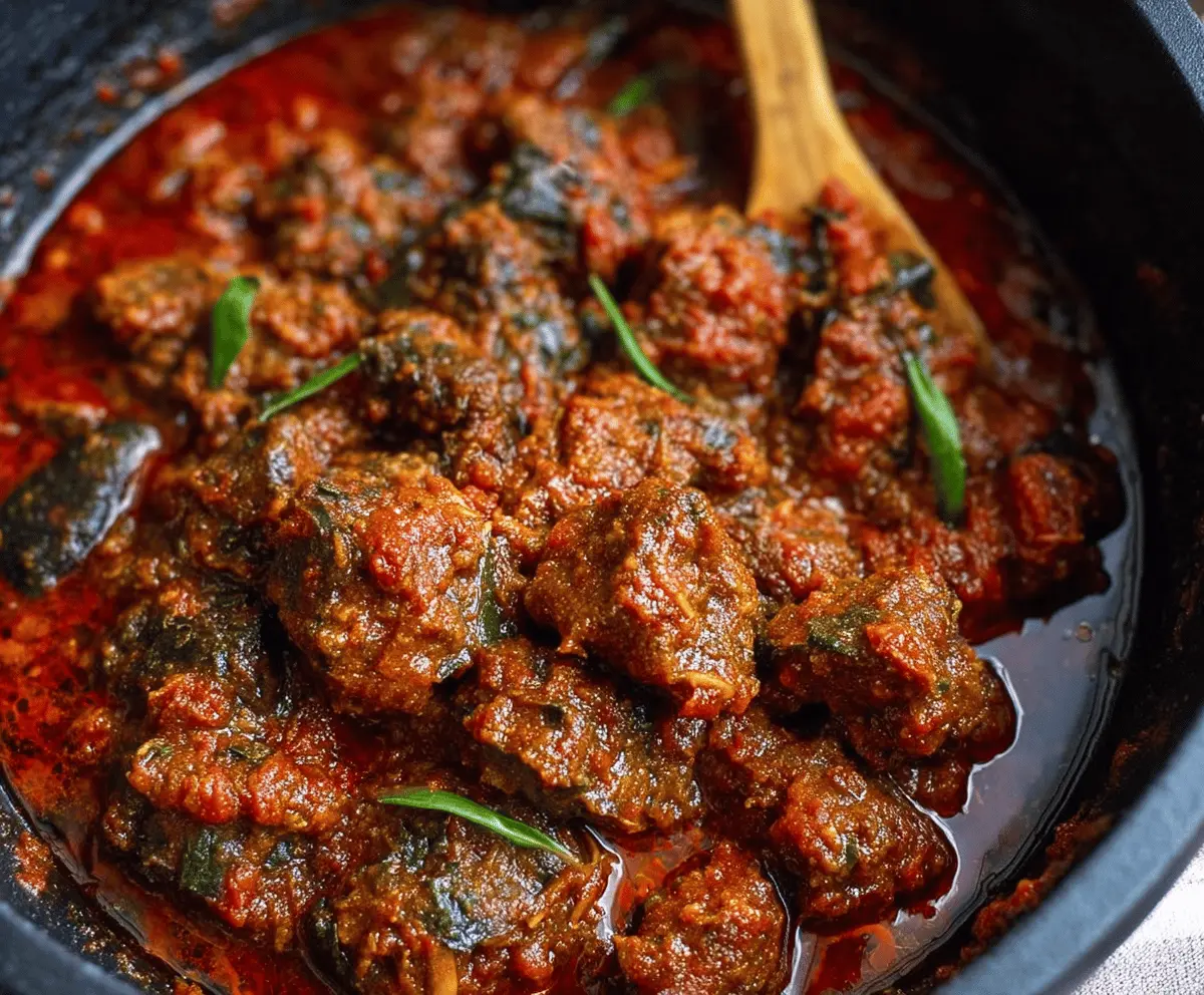 A steaming bowl of Nigerian beef stew with tender beef chunks, rich tomato sauce, and vibrant spices, served with rice or side dishes.
