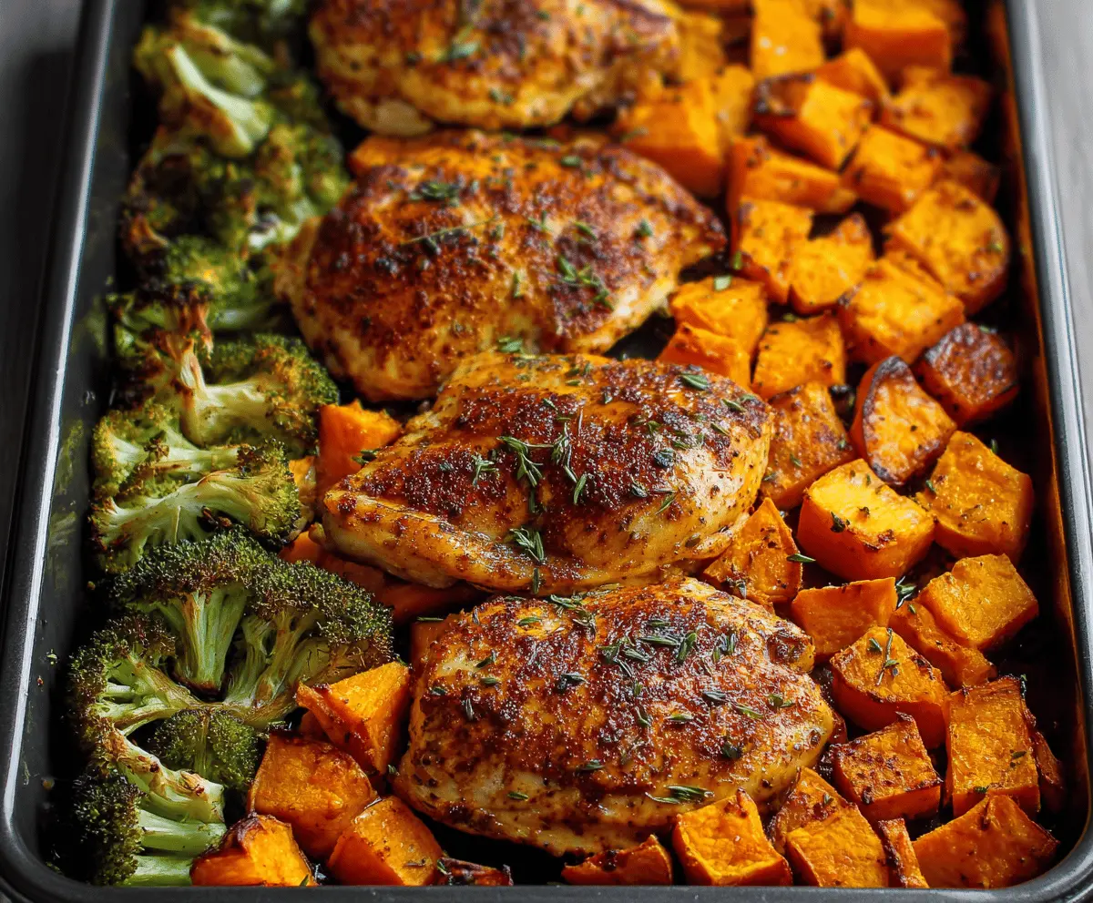 Delicious one-pan chicken with sweet potatoes, cooked to perfection and ready to serve.