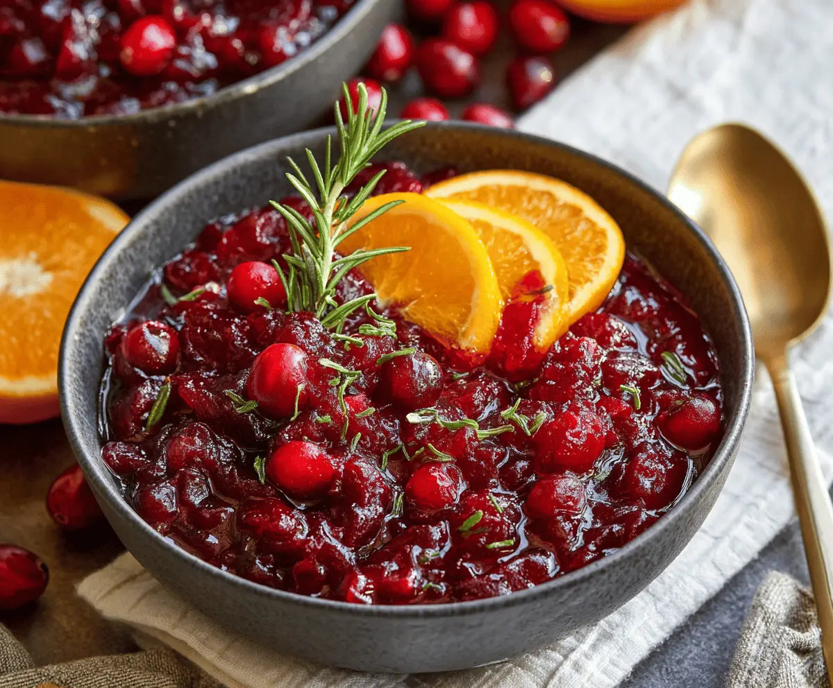 Fresh homemade orange cranberry sauce in a glass bowl, featuring vibrant red cranberries and orange zest, perfect for holiday meals