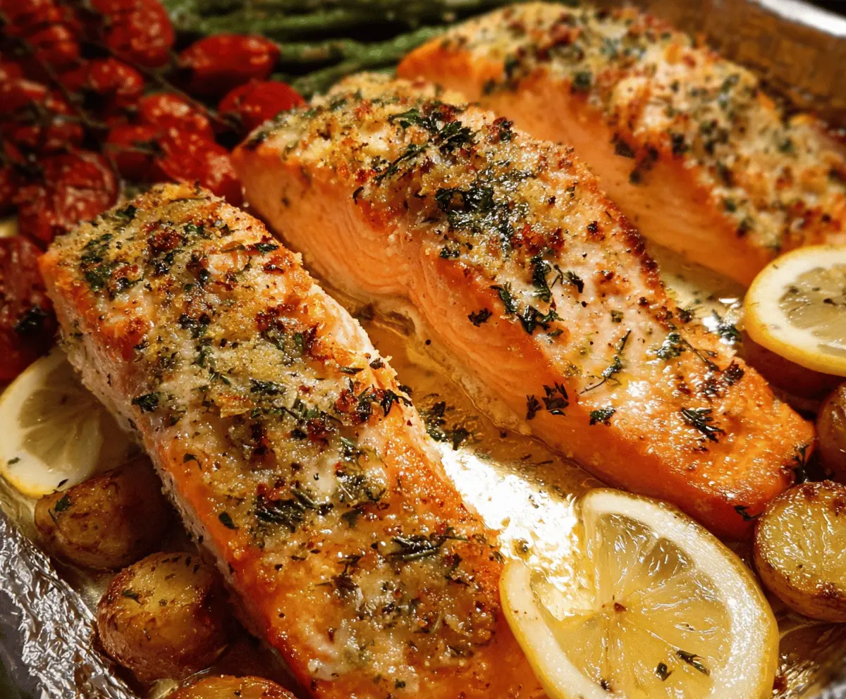 Delicious oven-roasted salmon fillet garnished with fresh herbs on a baking sheet, ready to serve