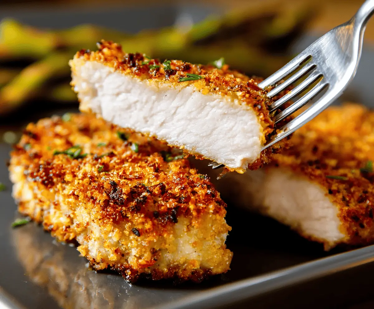Delicious panko crusted pork chops cooked to golden perfection, served on a plate with side vegetables