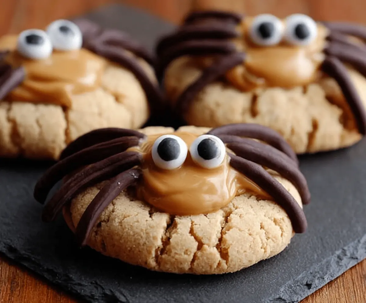 Delicious homemade peanut butter spider cookies with chocolate candy eyes and pretzel legs, perfect for Halloween treats