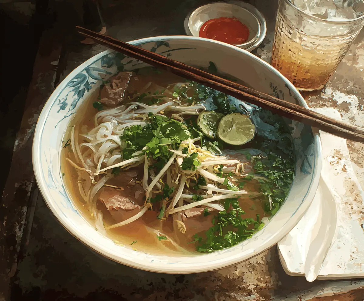 A steaming bowl of traditional Vietnamese Pho featuring rice noodles, sliced beef, fresh herbs, bean sprouts, lime wedges, and flavorful broth.