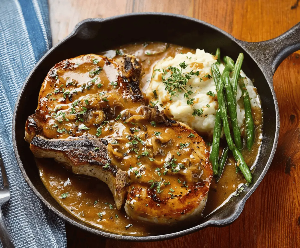 Delicious pork chop with rich gravy served on a plate, garnished with fresh herbs for a hearty meal